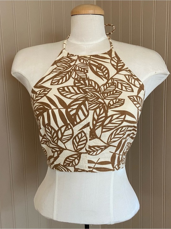 Tops - House of Harlow 1960 Leaf Print Halter Crop Top Linen Blend Women’s Size 4